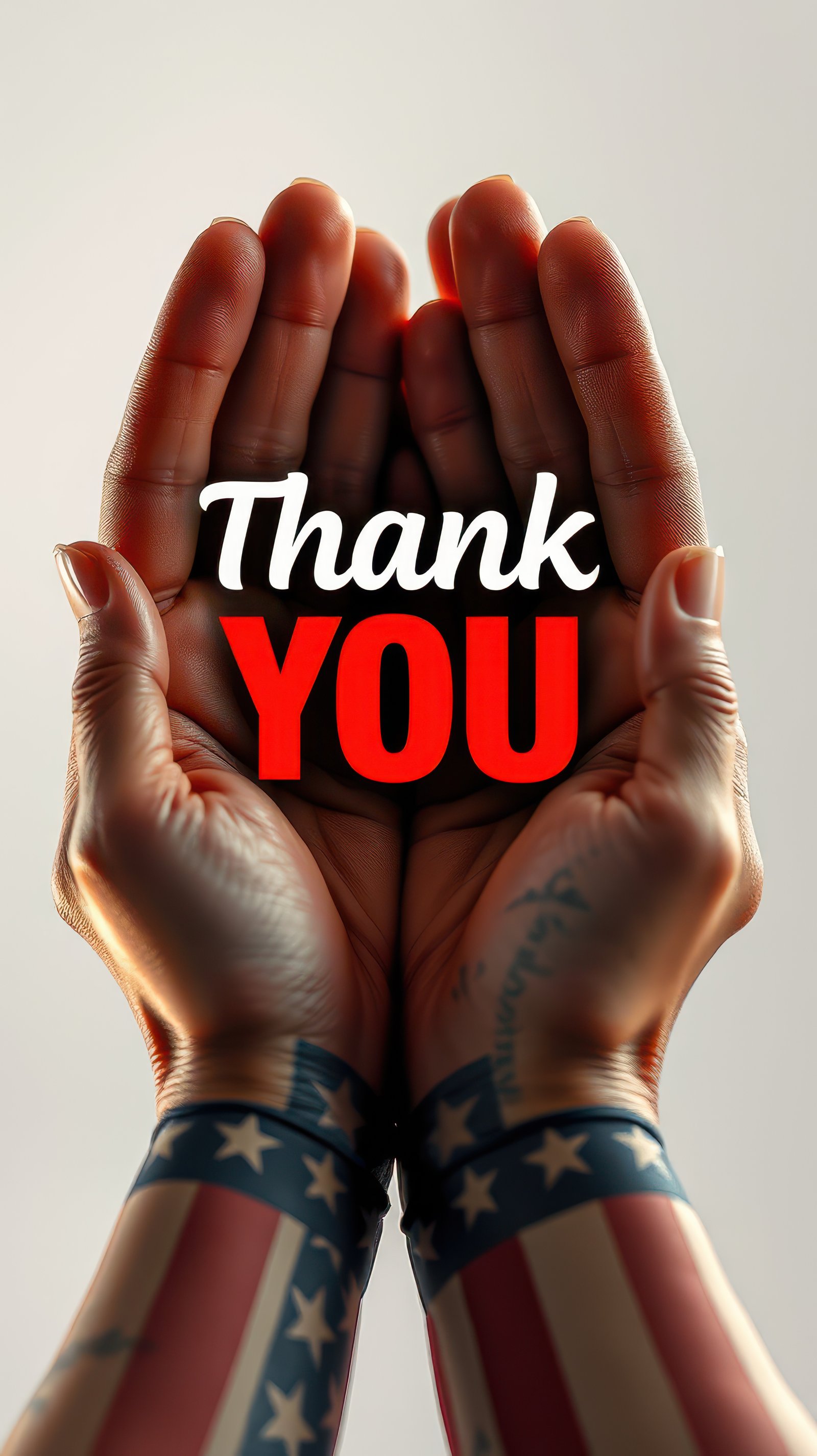 Expression of gratitude captured in hands adorned with American flag tattoos